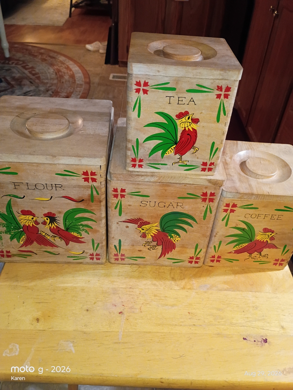 Wooden Tea, Coffee, Sugar & Flour Canister Set - Red and Green Rooster Design